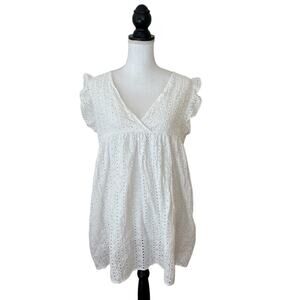 White Cottagecore Scalloped Short Sleeves V Neck Ruffle Eyelet Midi Dress XL